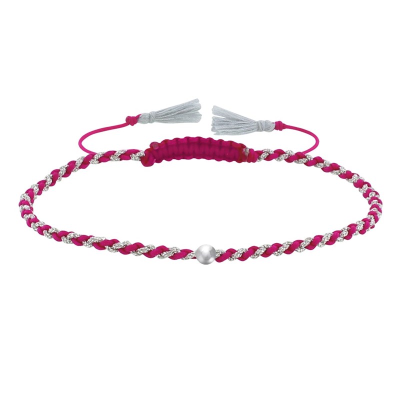 Bracelet Lien Tréssé Rond Bicolore Lurex et Une Perle Argent 925 - Fuchsia