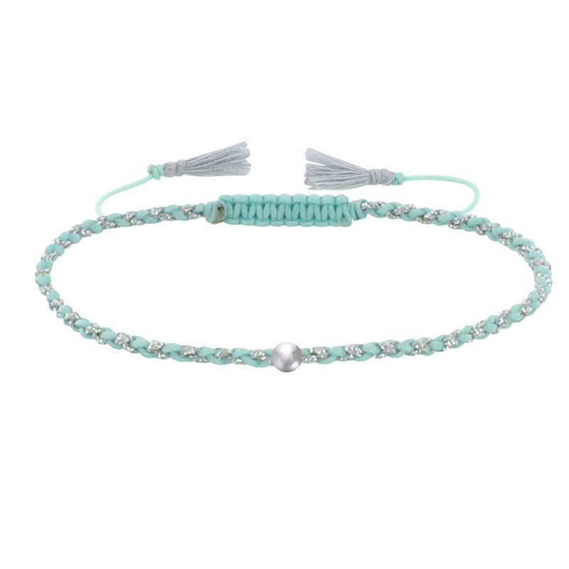 Bracelet Lien Tréssé Rond Bicolore Lurex et Une Perle Argent 925 - Vert d'Eau