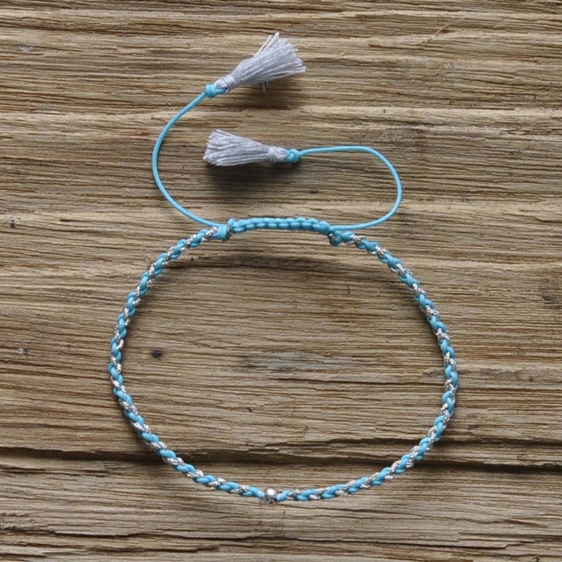 Bracelet Lien Tréssé Rond Bicolore Lurex et Une Perle Argent 925 - Vert d'Eau - vue 3