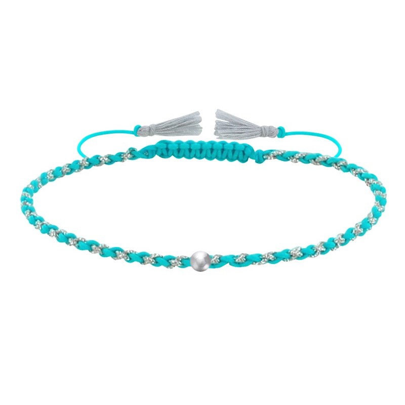Bracelet Lien Tréssé Rond Bicolore Lurex et Une Perle Argent 925 - Turquoise