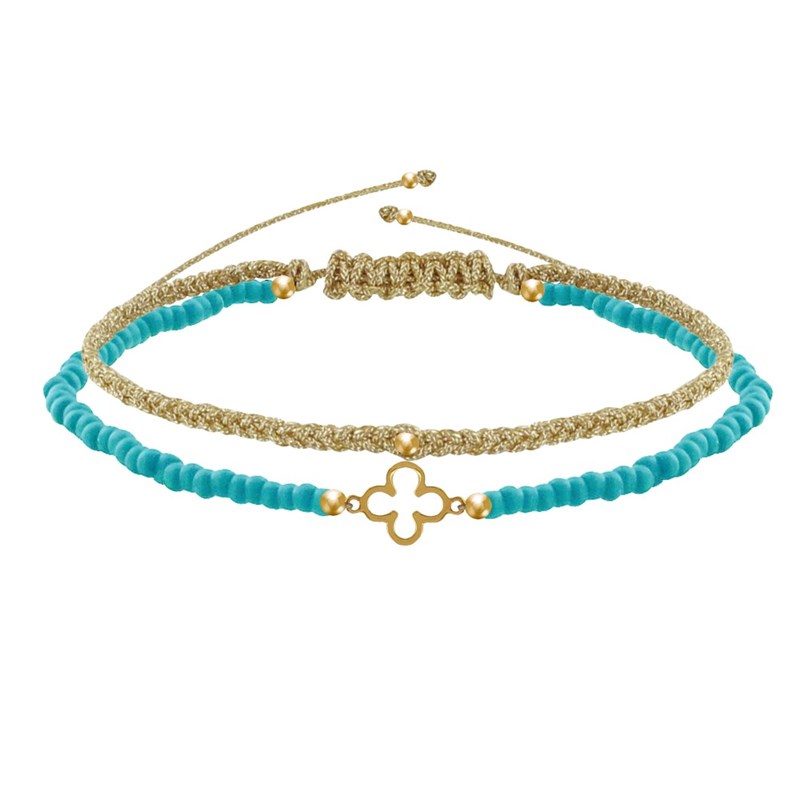 Bracelet Duo Trèfle Or 9 Carats Perles et Lien Tréssé Doré - Turquoise