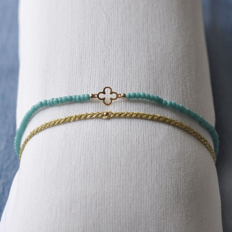 Bracelet Duo Trèfle Or 9 Carats Perles et Lien Tréssé Doré - Turquoise - vue 3