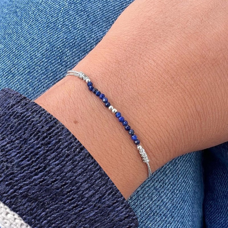 Bracelet Lien Lurex Perles de Lapis Lazuli Facettées Perles Argent 925 - vue 3