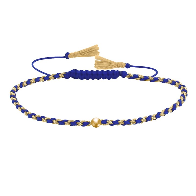 Bracelet Lien Tréssé Rond Bicolore Lurex Doré et Une Perle Or 14 Carats - Bleu Navy