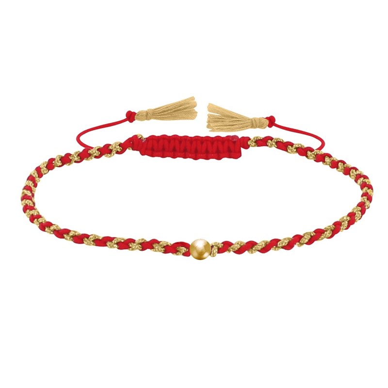 Bracelet Lien Tréssé Rond Bicolore Lurex Doré et Une Perle Or 14 Carats - Rouge