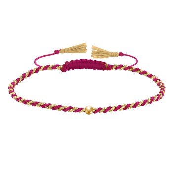 Bracelet Lien Tréssé Rond Bicolore Lurex Doré et Une Perle Or 14 Carats - Fuchsia
