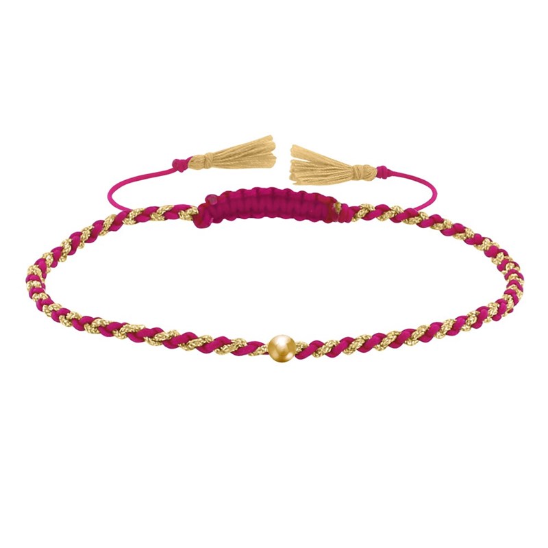 Bracelet Lien Tréssé Rond Bicolore Lurex Doré et Une Perle Or 14 Carats - Fuchsia