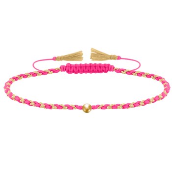 Bracelet Lien Tréssé Rond Bicolore Lurex Doré et Une Perle Or 14 Carats - Rose Fluo