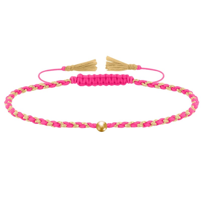 Bracelet Lien Tréssé Rond Bicolore Lurex Doré et Une Perle Or 14 Carats - Rose Fluo