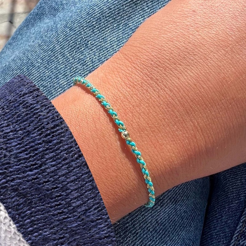 Bracelet Lien Tréssé Rond Bicolore Lurex Doré et Une Perle Or 14 Carats - Rose Fluo - vue 4
