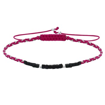 Bracelet Lien Tréssé Plat Bicolore Lurex Perles Noires et Perles Argent 925 - Fuchsia