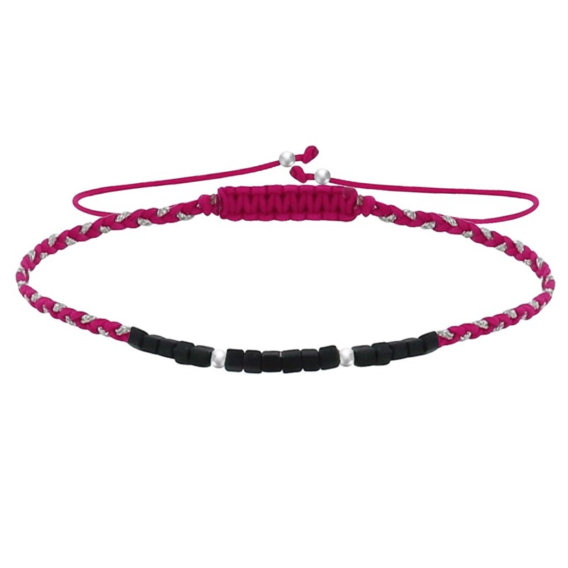 Bracelet Lien Tréssé Plat Bicolore Lurex Perles Noires et Perles Argent 925 - Fuchsia