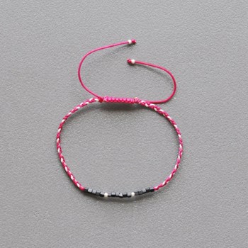 Bracelet Lien Tréssé Plat Bicolore Lurex Perles Noires et Perles Argent 925 - Fuchsia