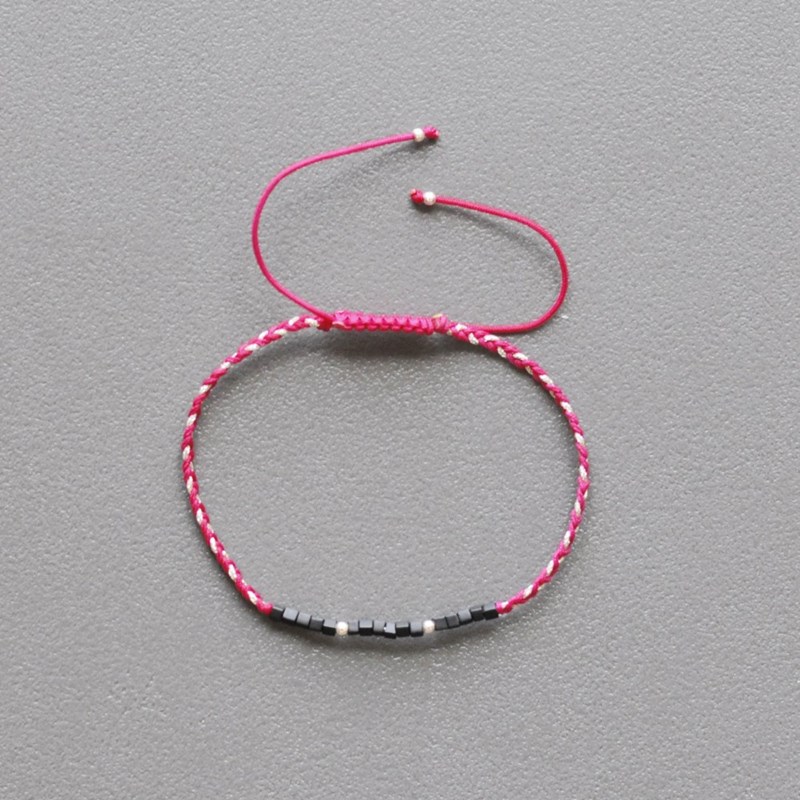 Bracelet Lien Tréssé Plat Bicolore Lurex Perles Noires et Perles Argent 925 - Fuchsia - vue 3
