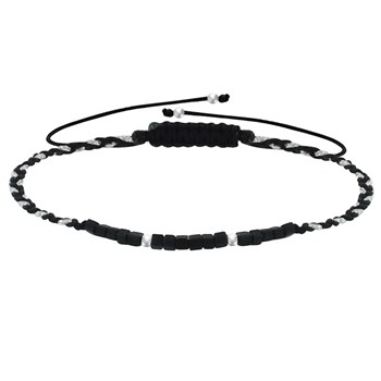 Bracelet Lien Tréssé Plat Bicolore Lurex Perles Noires et Perles Argent 925 - Noir