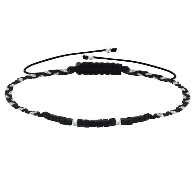 Bracelet Lien Tréssé Plat Bicolore Lurex Perles Noires et Perles Argent 925 - Noir