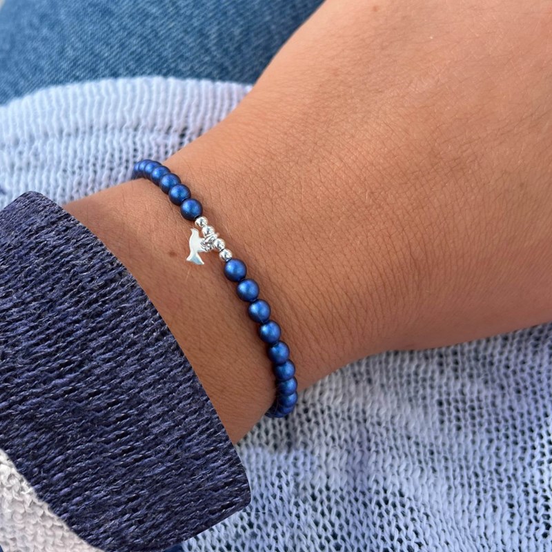Bracelet Lien Colombe Argent 925 et Perles Rondes Nacrées - Bleu Navy - vue 3