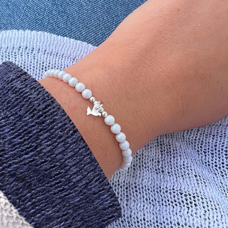 Bracelet Lien Colombe Argent 925 et Perles Rondes Nacrées - Blanc - vue 3