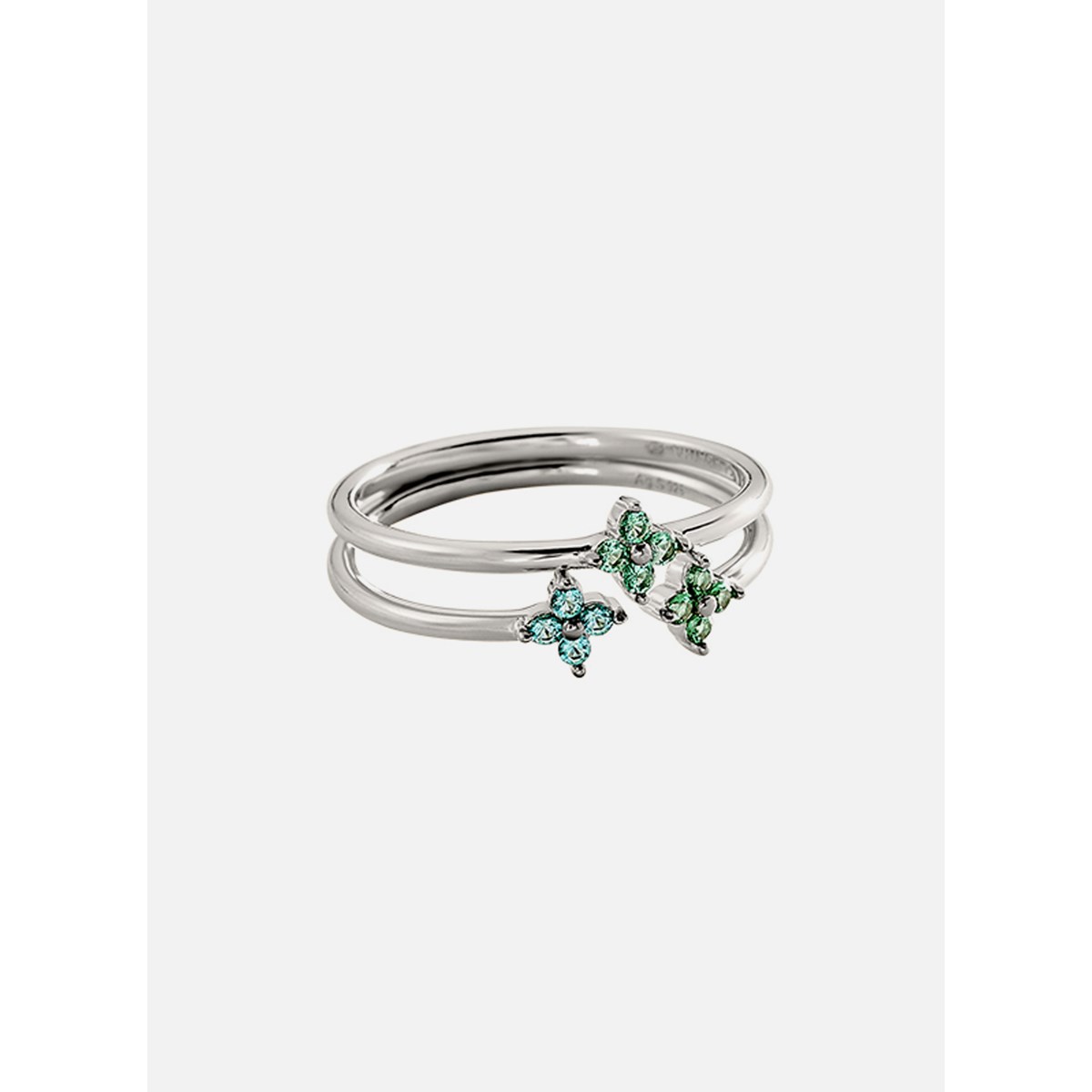 Set de 2 bagues Agatha Beloved trois motifs_x000D_
argent rhodié oxydes verts et bleus - vue 4