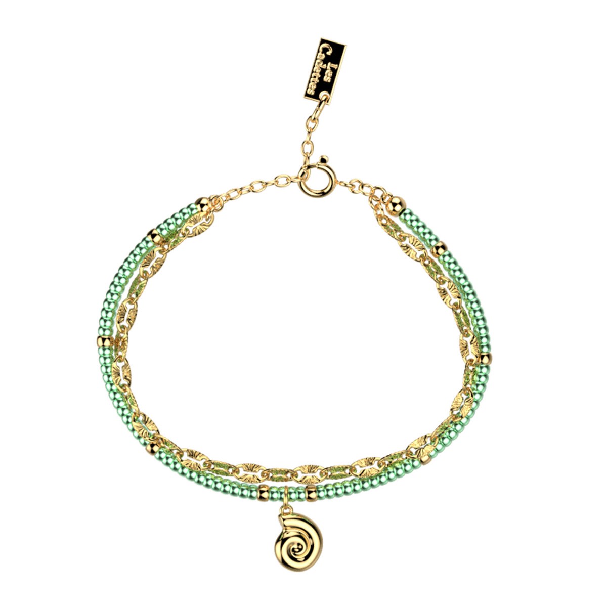 Bracelet multirang Les Cadettes perles vertes et
pampille coquillage