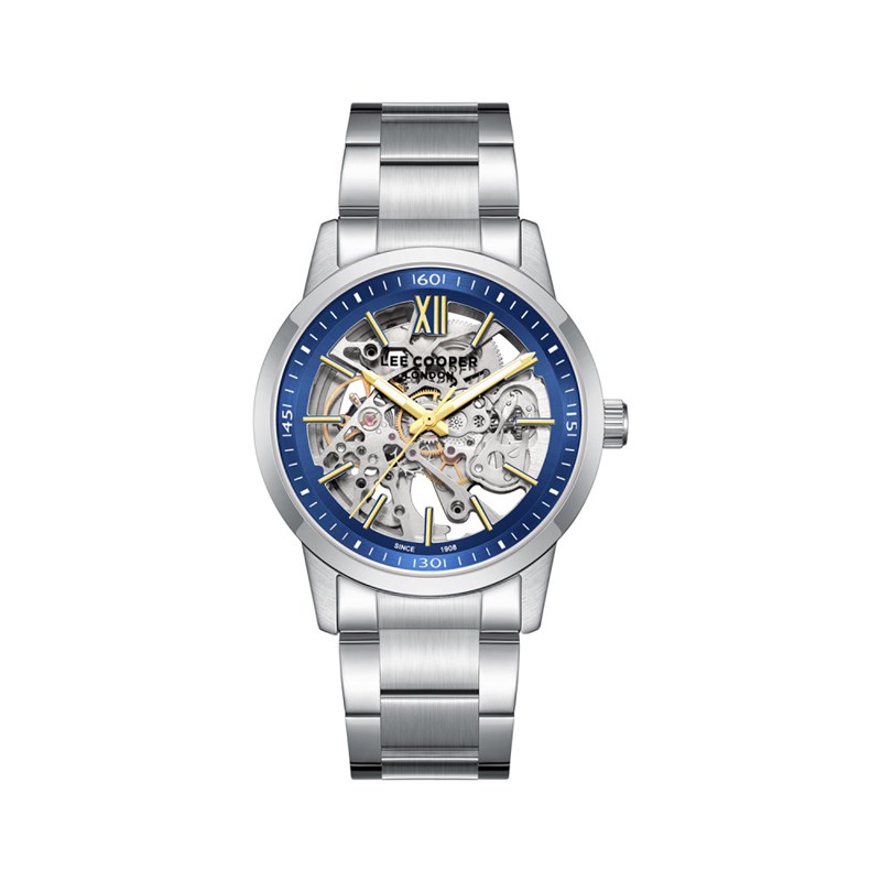 LEO - Montre Homme - Analogique Mouvement Squelette Automatique - Boitier rond en métal - Cadran bleu