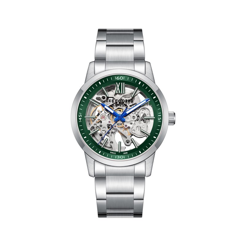 LEO - Montre Homme - Analogique Mouvement Squelette Automatique - Boitier rond en métal - Cadran vert