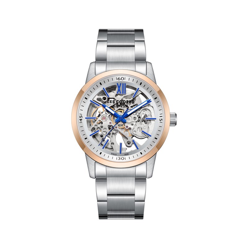 LEO - Montre Homme - Analogique Mouvement Squelette Automatique - Boitier rond en métal - Cadran blanc