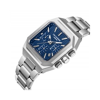 WAYNE - Montre Homme - Analogique Mouvement Quartz Multifonction - Boitier carré en métal argenté - Cadran bleu