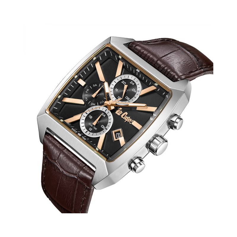 PAUL - Montre Homme - Analogique Mouvement Quartz Multifonction - Boitier tonneau en métal argenté - Bracelet marron - vue 2