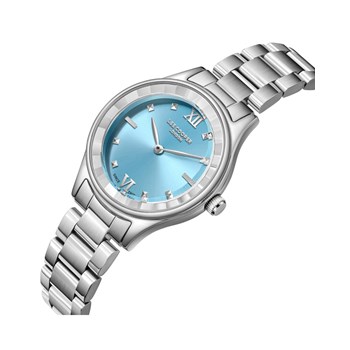 JOAN - Montre Femme - Analogique Mouvement Quartz 3 aiguilles - Boitier rond en métal  - Lunette facettée en crystal - Cadran bleu