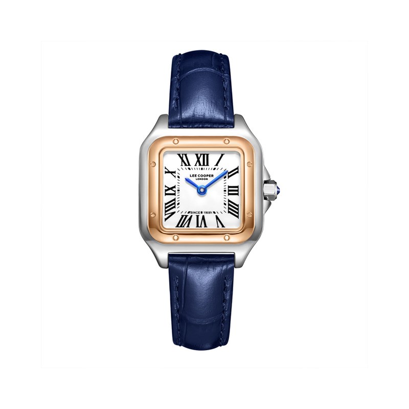 AVA - Montre Femme - Analogique Mouvement Quartz 2 aiguilles - Boitier rectangulaire en métal - Bracelet en cuir bleu façon alligator