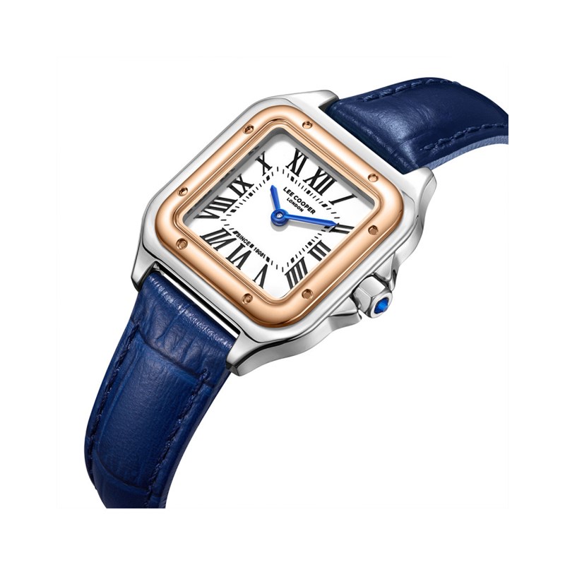 AVA - Montre Femme - Analogique Mouvement Quartz 2 aiguilles - Boitier rectangulaire en métal - Bracelet en cuir bleu façon alligator - vue 2