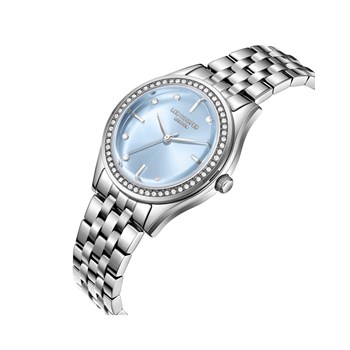 MAYA - Montre Femme - Analogique Quartz 3 aiguilles - Boitier rond en métal avec lunette empierrée - Cadran bleu clair