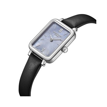 HAZEL - Montre Femme - Analogique Quartz 2 aiguilles - Boitier rectangulaire en métal - Cadran nacré - Bracelet en cuir italien noir