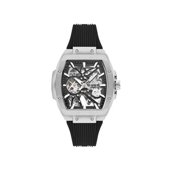 LYAM - Montre homme Automatique - Boitier de forme tonneau en métal - Cadran squelette - Bracelet silicone noir