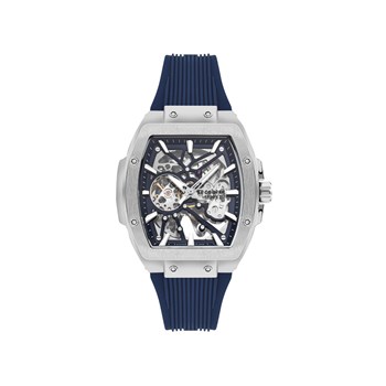 LYAM - Montre homme Automatique - Boitier de forme tonneau en métal - Cadran squelette - Bracelet silicone bleu