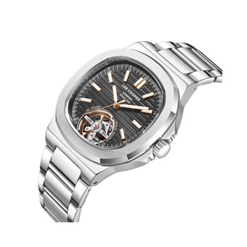 GRANT - Montre homme Automatique - Boitier de forme octogonal arrondi en métal argenté - Cadran noir