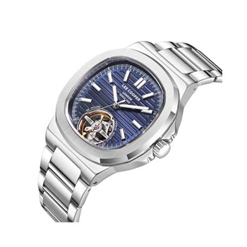 GRANT - Montre homme Automatique - Boitier de forme octogonal arrondi en métal argenté - Cadran bleu