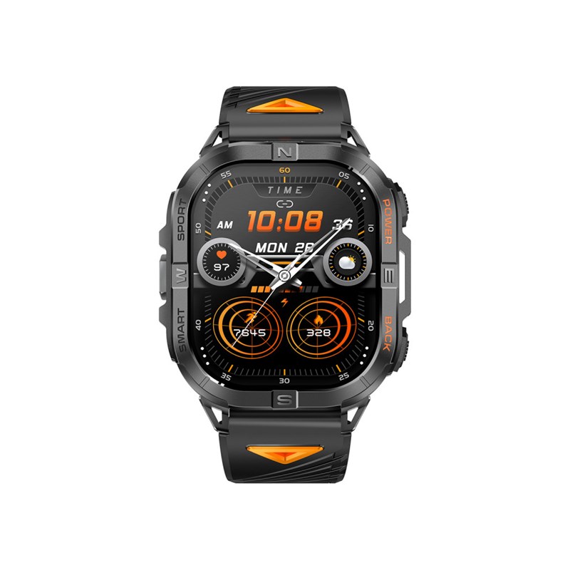 Montre mixte - EXPLORER - Boitier rectangulaire noir - Bracelet en silicone noir avec doublure orange