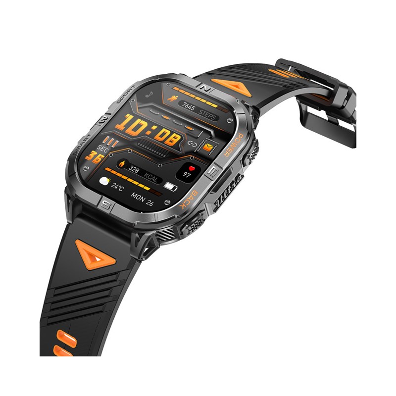 Montre mixte - EXPLORER - Boitier rectangulaire noir - Bracelet en silicone noir avec doublure orange - vue 2