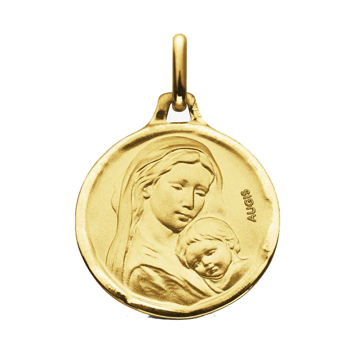Maagd en kind medaille in 18 karaat geel goud 16 mm