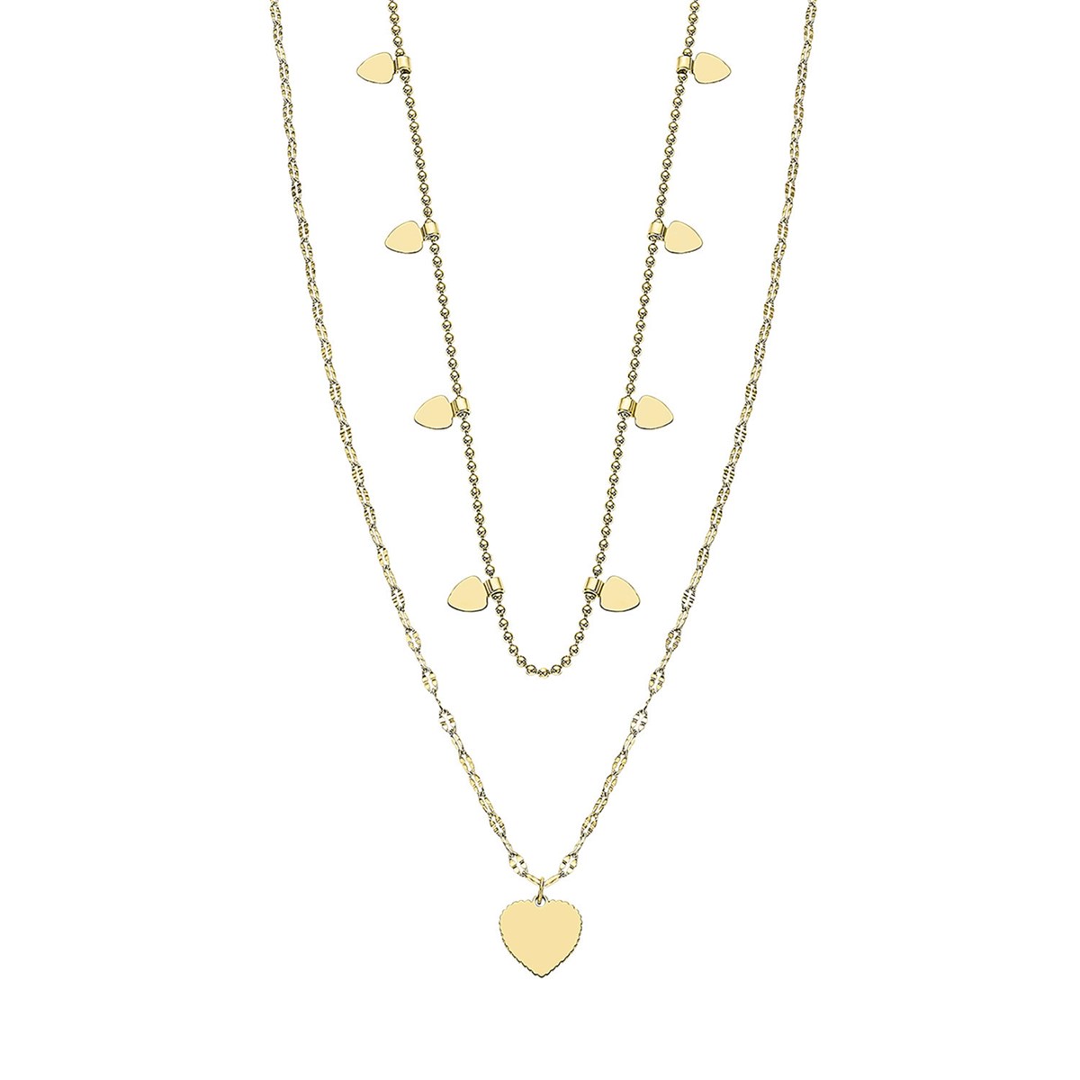 Collier Lotus style sautoir double rang
pampilles coeur acier doré