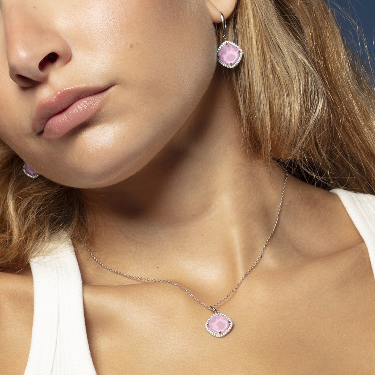 Boucles d'oreilles Lotus Silver argent coussin rose - vue 2