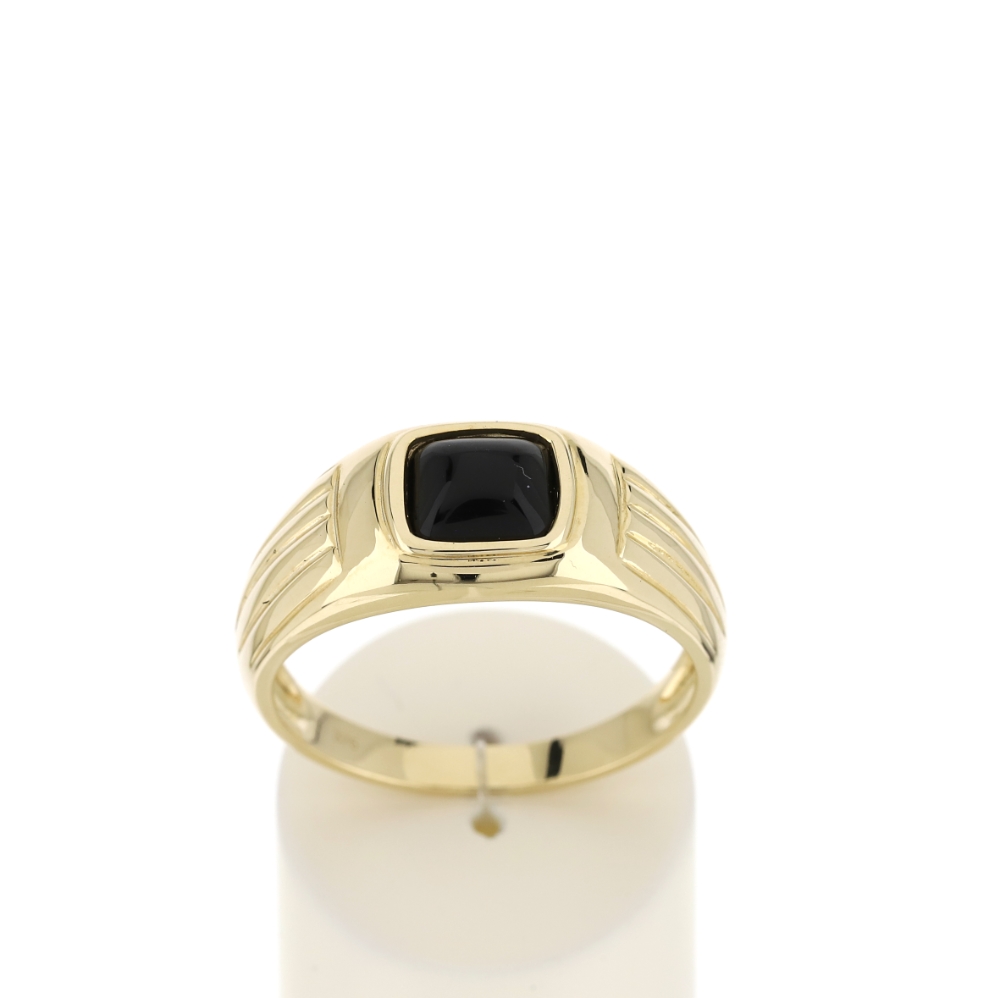 Chevalière or jaune 375, onyx, forme carrée. - vue 360
