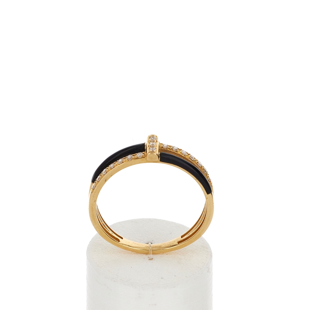 Bague or 375 jaune résine noire et zirconias - vue 360