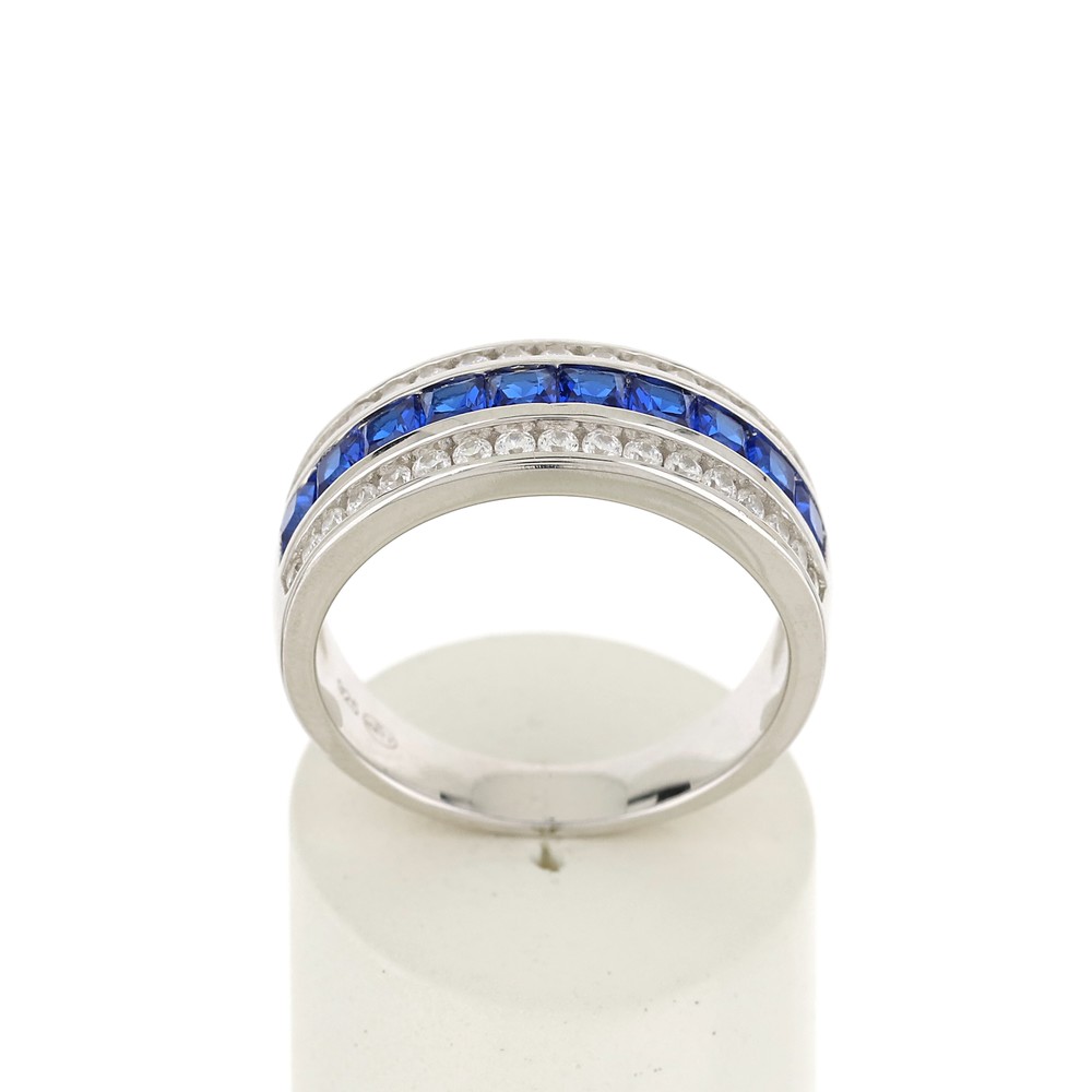 Bague argent 925 zirconias bleus et zirconias blancs - vue 360