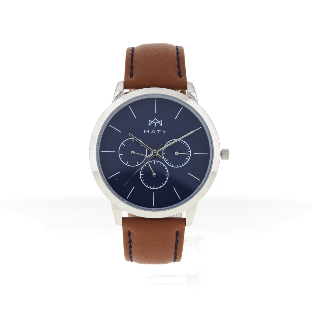 Montre MATY homme chronographe, bracelet cuir marron - vue 360