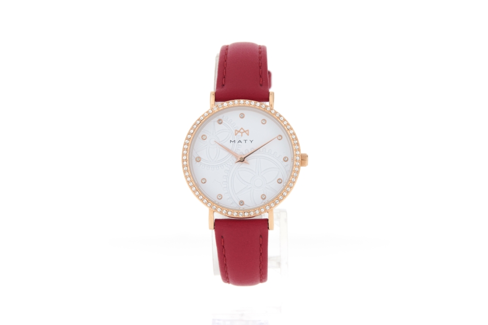 Montre MATY femme, bracelet cuir rouge - vue 360