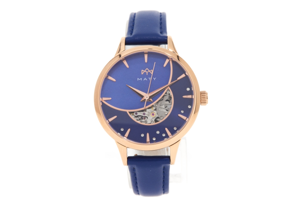 Montre MATY femme automatique, bracelet cuir bleu - vue 360