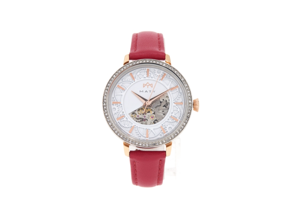 Montre MATY femme automatique, bracelet cuir rouge - vue 360